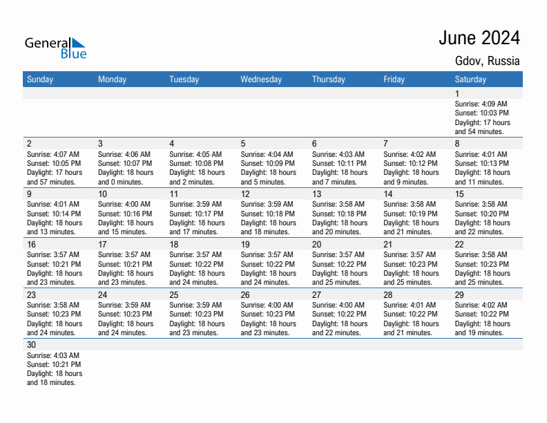 Gdov June 2024 sunrise and sunset calendar in PDF, Excel, and Word