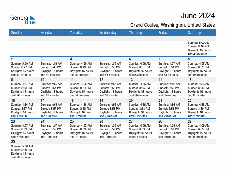 Grand Coulee June 2024 sunrise and sunset calendar in PDF, Excel, and Word