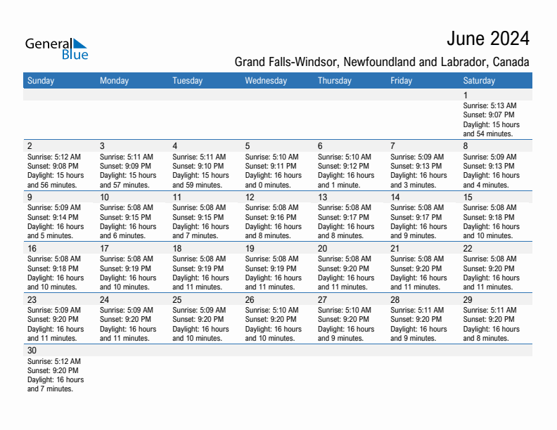 Grand Falls-Windsor June 2024 sunrise and sunset calendar in PDF, Excel, and Word