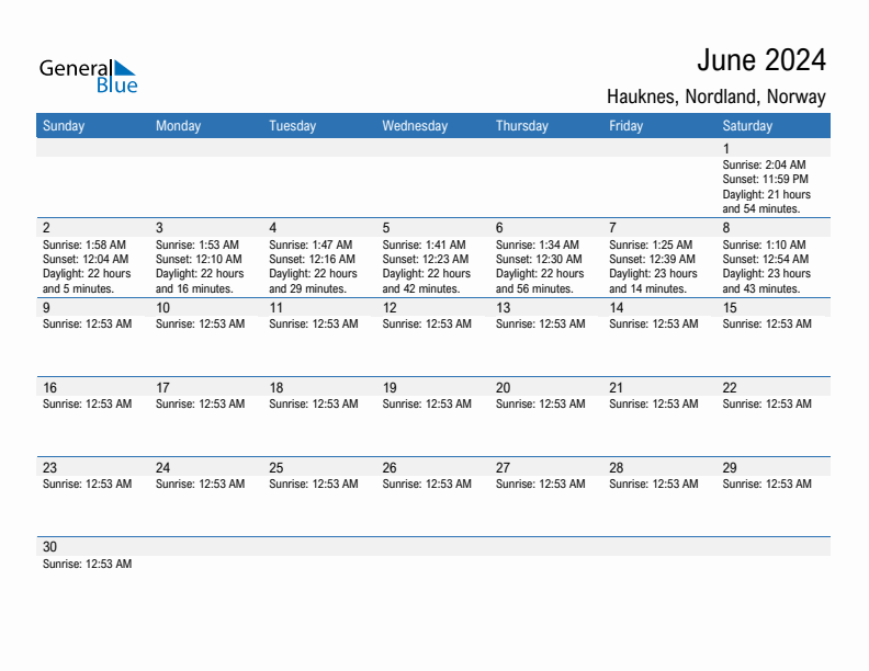 Hauknes June 2024 sunrise and sunset calendar in PDF, Excel, and Word