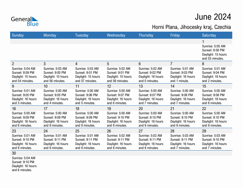 Horni Plana June 2024 sunrise and sunset calendar in PDF, Excel, and Word