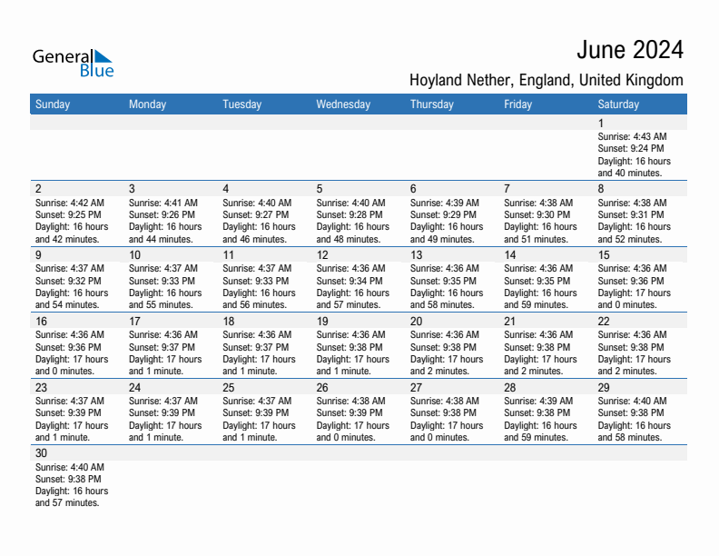 Hoyland Nether June 2024 sunrise and sunset calendar in PDF, Excel, and Word