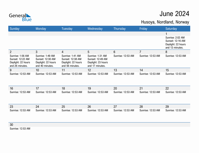 Husoya June 2024 sunrise and sunset calendar in PDF, Excel, and Word