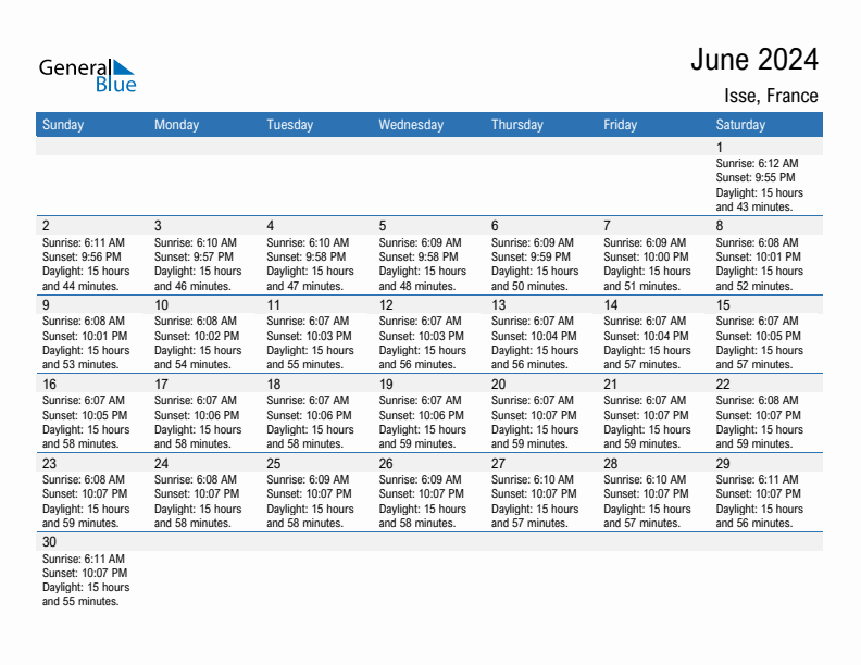 Isse June 2024 sunrise and sunset calendar in PDF, Excel, and Word