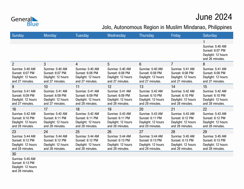 Jolo June 2024 sunrise and sunset calendar in PDF, Excel, and Word