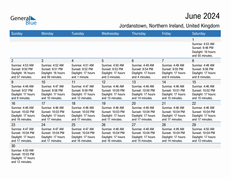 Jordanstown June 2024 sunrise and sunset calendar in PDF, Excel, and Word