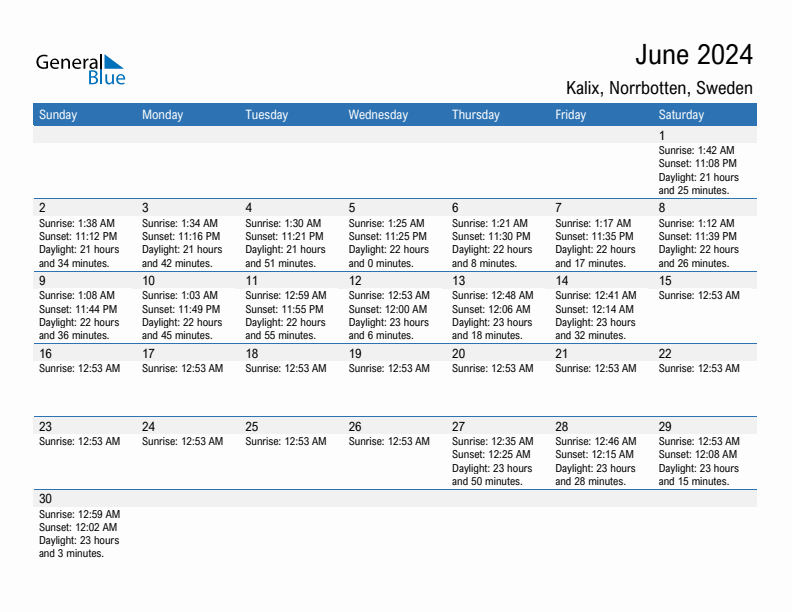 Kalix June 2024 sunrise and sunset calendar in PDF, Excel, and Word