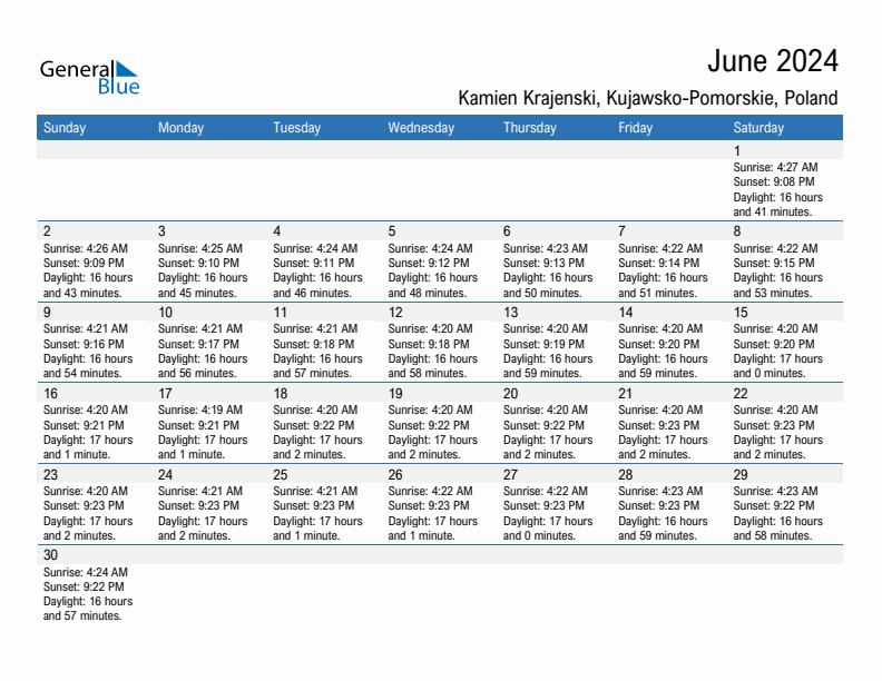 Kamien Krajenski June 2024 sunrise and sunset calendar in PDF, Excel, and Word