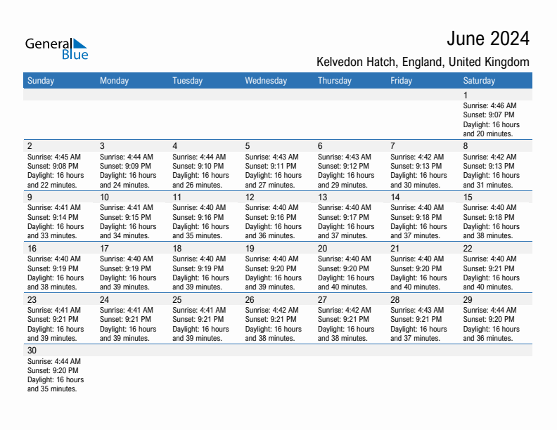 Kelvedon Hatch June 2024 sunrise and sunset calendar in PDF, Excel, and Word