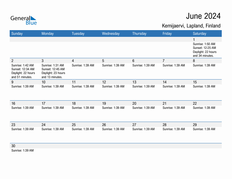 Kemijaervi June 2024 sunrise and sunset calendar in PDF, Excel, and Word