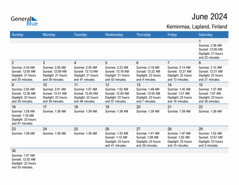 Keminmaa June 2024 sunrise and sunset calendar in PDF, Excel, and Word