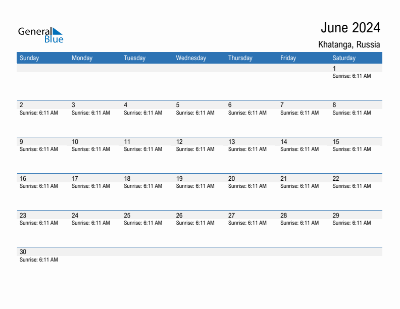 Khatanga June 2024 sunrise and sunset calendar in PDF, Excel, and Word