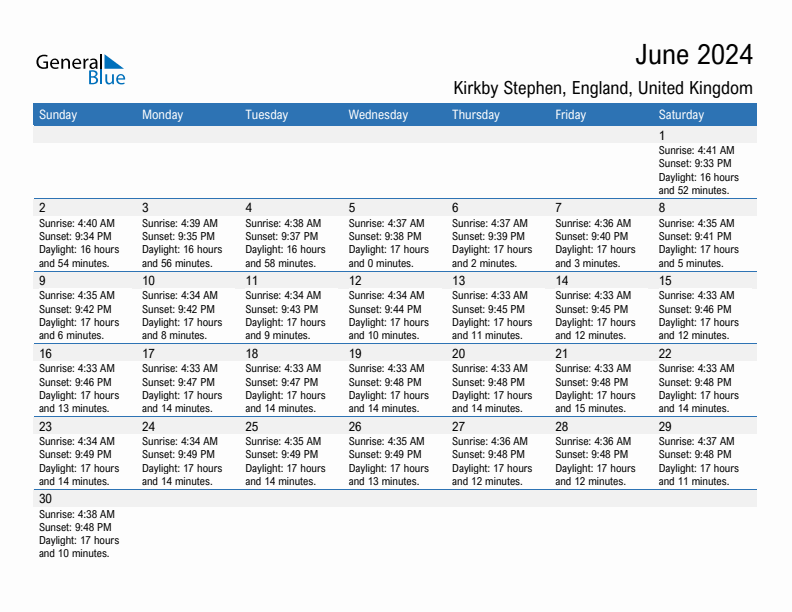 Kirkby Stephen June 2024 sunrise and sunset calendar in PDF, Excel, and Word