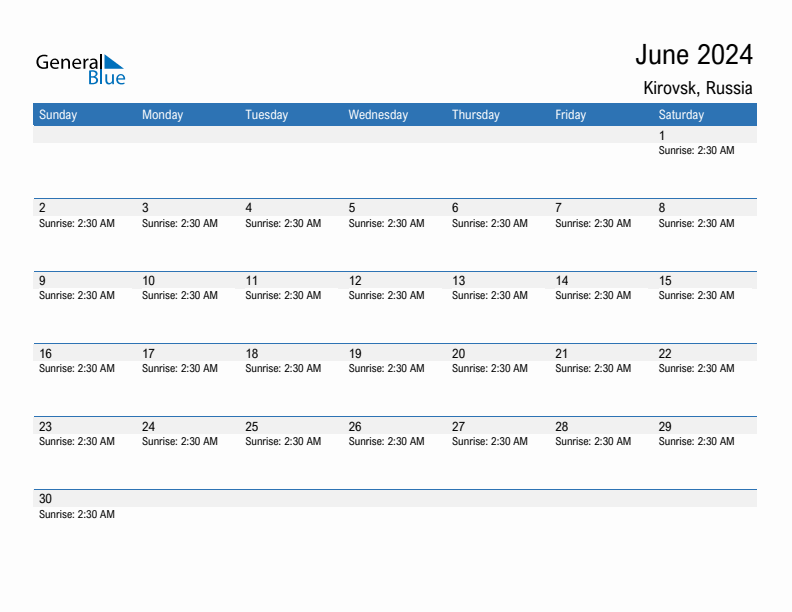 Kirovsk June 2024 sunrise and sunset calendar in PDF, Excel, and Word