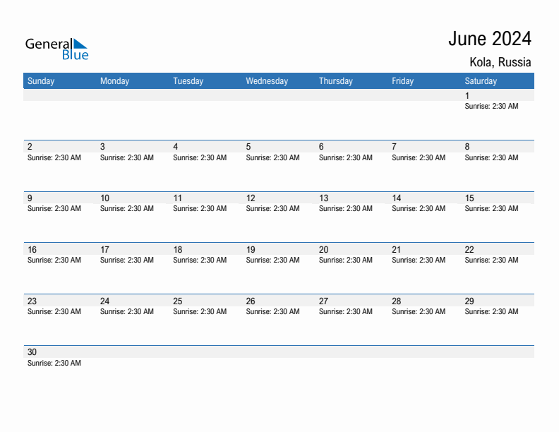 Kola June 2024 sunrise and sunset calendar in PDF, Excel, and Word