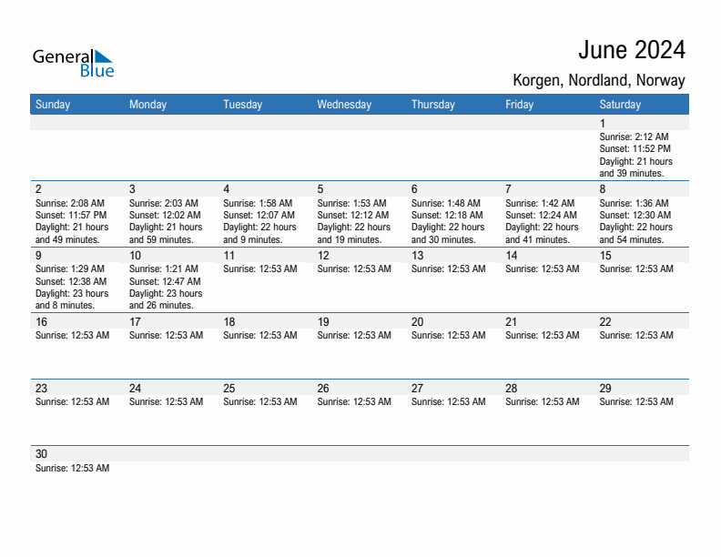 Korgen June 2024 sunrise and sunset calendar in PDF, Excel, and Word