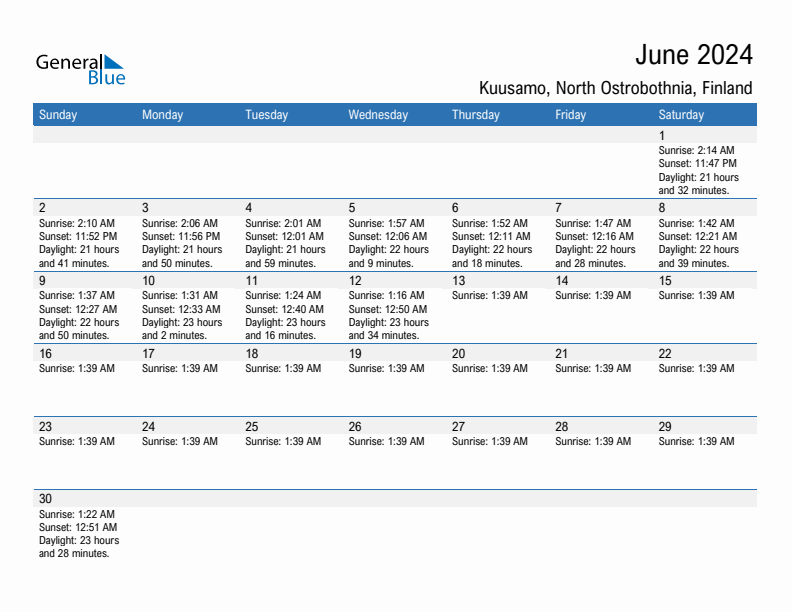 Kuusamo June 2024 sunrise and sunset calendar in PDF, Excel, and Word