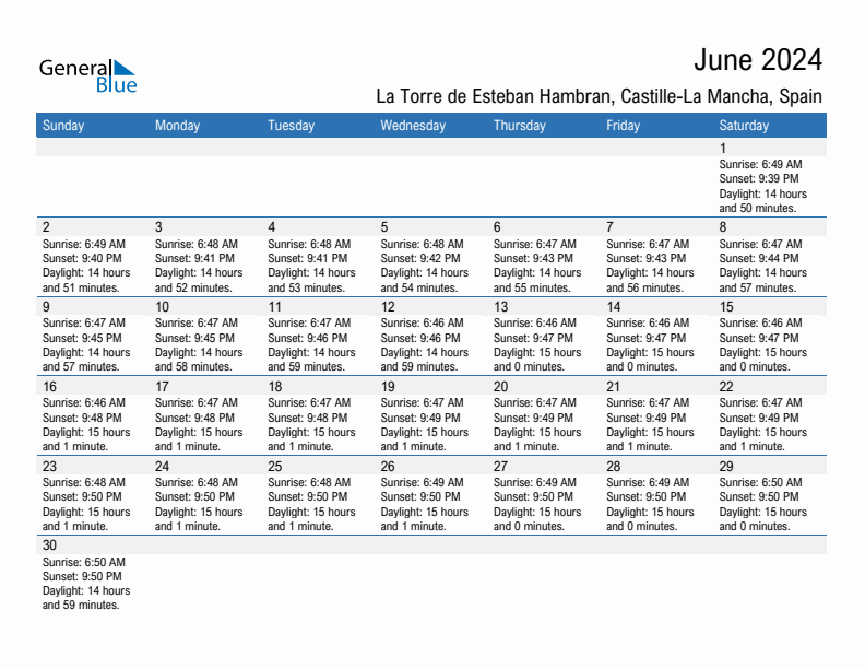 La Torre de Esteban Hambran June 2024 sunrise and sunset calendar in PDF, Excel, and Word