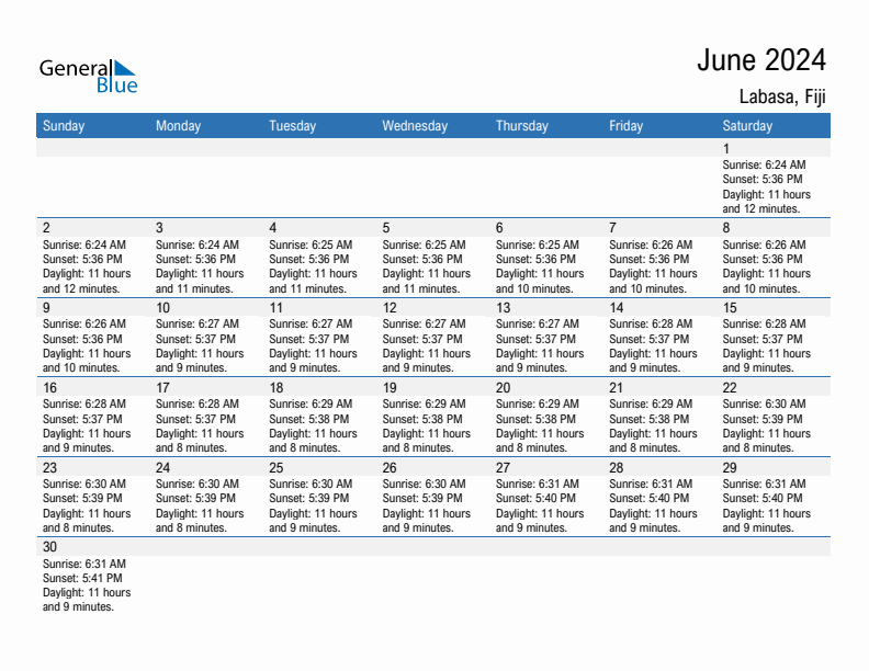 Labasa June 2024 sunrise and sunset calendar in PDF, Excel, and Word