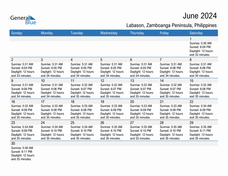 Labason June 2024 sunrise and sunset calendar in PDF, Excel, and Word