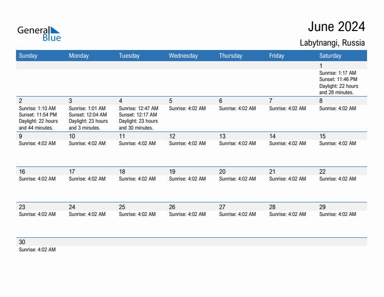 Labytnangi June 2024 sunrise and sunset calendar in PDF, Excel, and Word