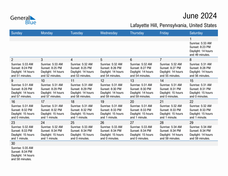 Lafayette Hill June 2024 sunrise and sunset calendar in PDF, Excel, and Word