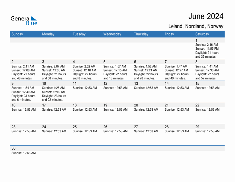 Leland June 2024 sunrise and sunset calendar in PDF, Excel, and Word