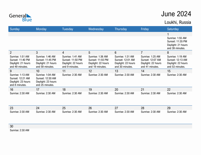 Loukhi June 2024 sunrise and sunset calendar in PDF, Excel, and Word