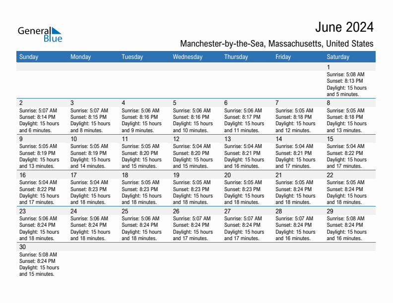 Manchester-by-the-Sea June 2024 sunrise and sunset calendar in PDF, Excel, and Word