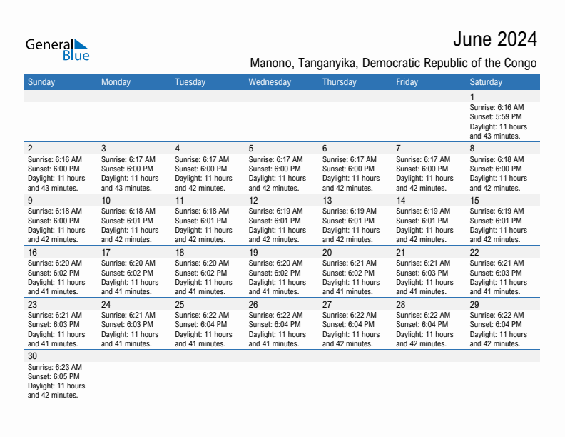 Manono June 2024 sunrise and sunset calendar in PDF, Excel, and Word