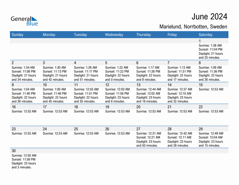 Marielund June 2024 sunrise and sunset calendar in PDF, Excel, and Word