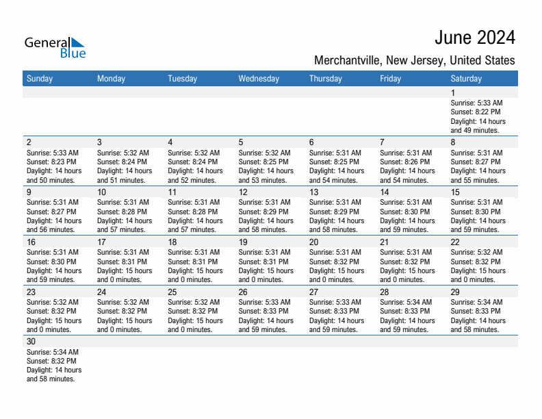 Merchantville June 2024 sunrise and sunset calendar in PDF, Excel, and Word