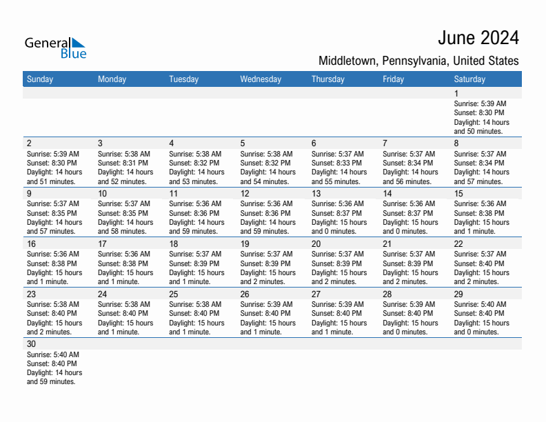 Middletown June 2024 sunrise and sunset calendar in PDF, Excel, and Word