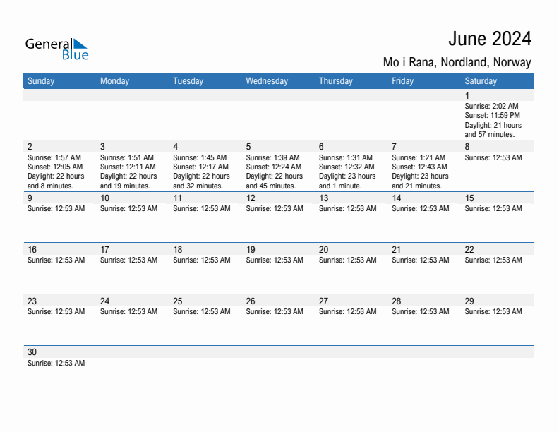 Mo i Rana June 2024 sunrise and sunset calendar in PDF, Excel, and Word