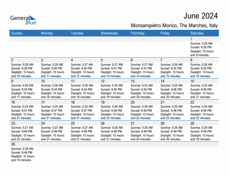 Monsampietro Morico June 2024 sunrise and sunset calendar in PDF, Excel, and Word