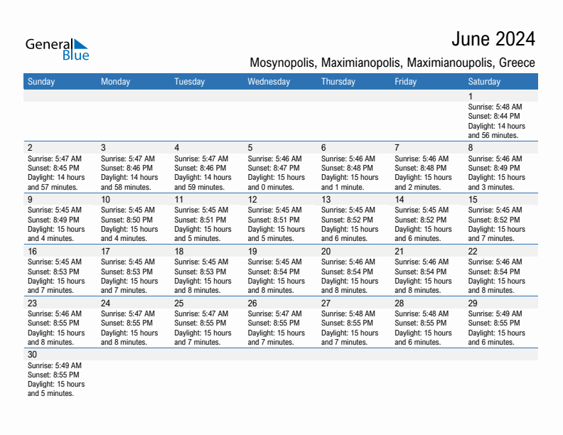 Mosynopolis, Maximianopolis, Maximianoupolis June 2024 sunrise and sunset calendar in PDF, Excel, and Word