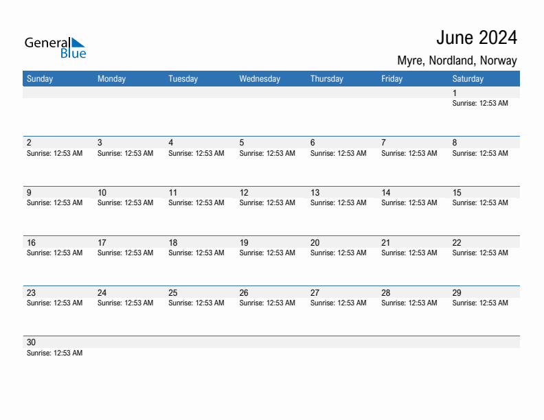 Myre June 2024 sunrise and sunset calendar in PDF, Excel, and Word