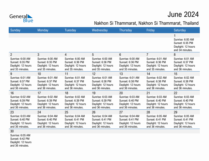 Nakhon Si Thammarat June 2024 sunrise and sunset calendar in PDF, Excel, and Word