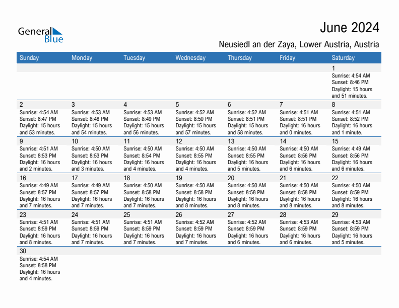 Neusiedl an der Zaya June 2024 sunrise and sunset calendar in PDF, Excel, and Word