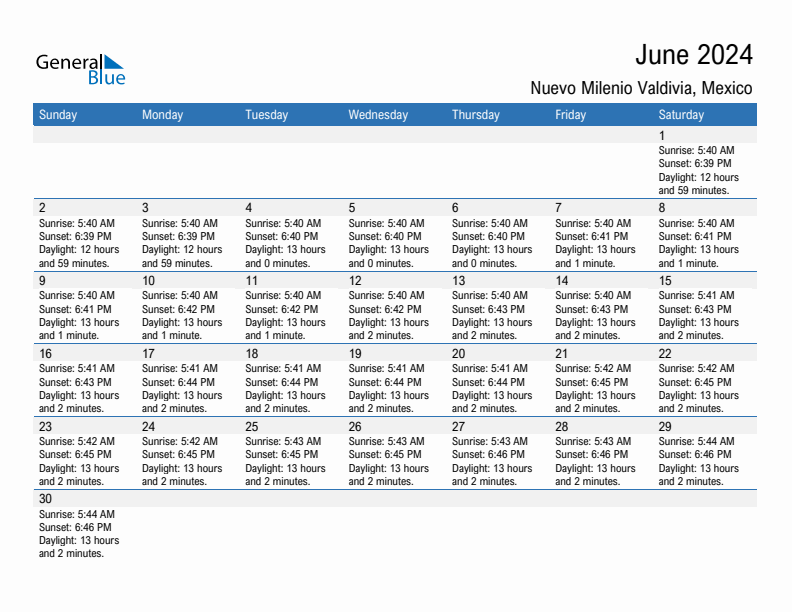 Nuevo Milenio Valdivia June 2024 sunrise and sunset calendar in PDF, Excel, and Word