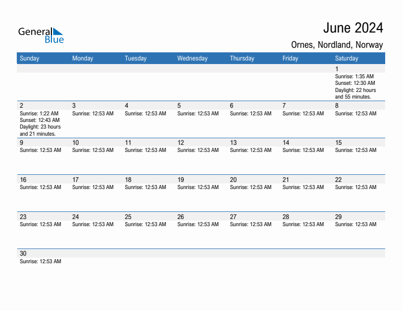 Ornes June 2024 sunrise and sunset calendar in PDF, Excel, and Word