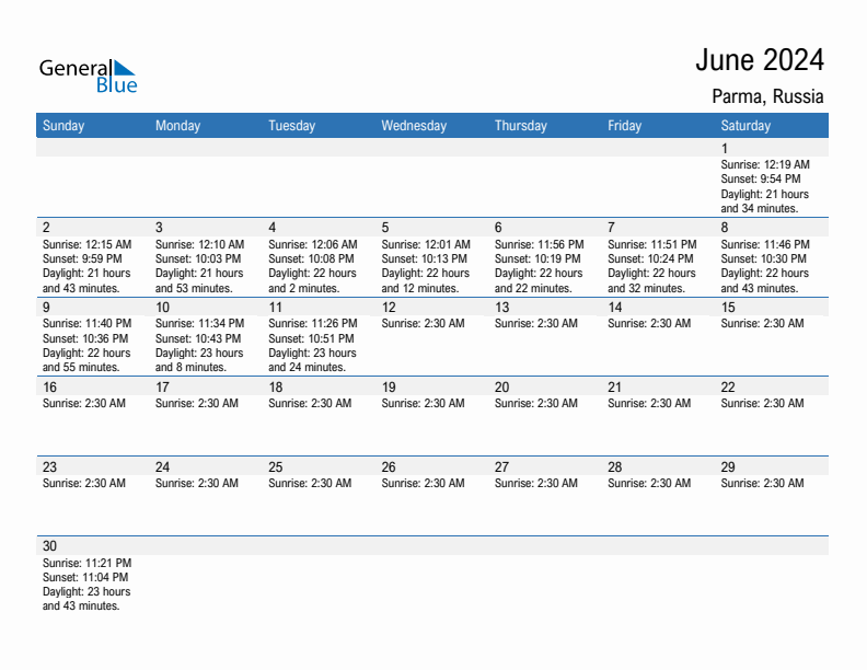 Parma June 2024 sunrise and sunset calendar in PDF, Excel, and Word