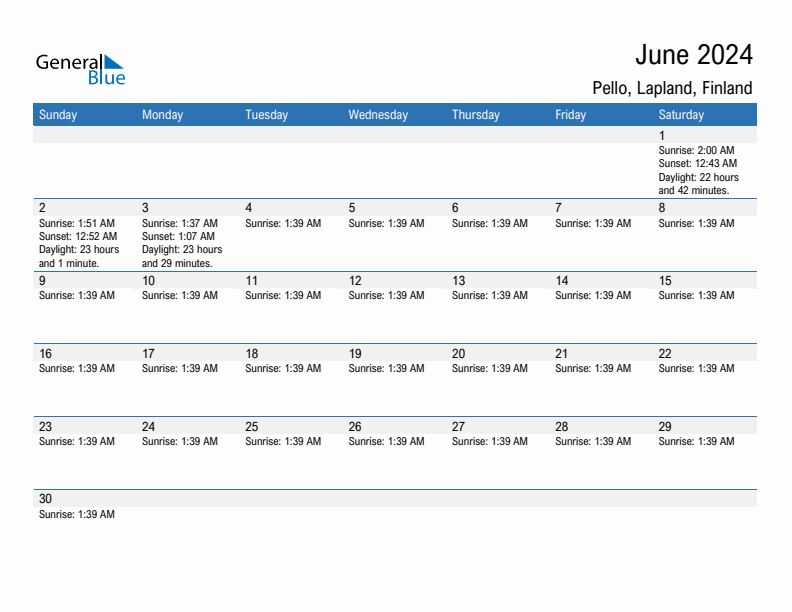 Pello June 2024 sunrise and sunset calendar in PDF, Excel, and Word