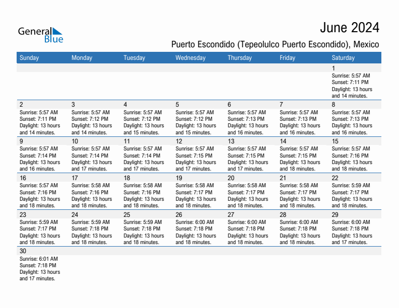 Puerto Escondido (Tepeolulco Puerto Escondido) June 2024 sunrise and sunset calendar in PDF, Excel, and Word