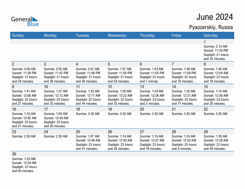 Pyaozerskiy June 2024 sunrise and sunset calendar in PDF, Excel, and Word