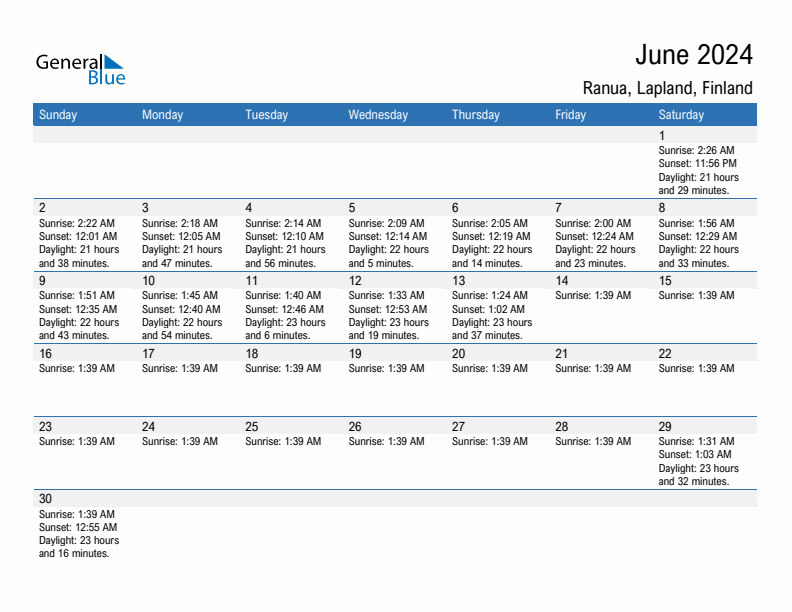 Ranua June 2024 sunrise and sunset calendar in PDF, Excel, and Word