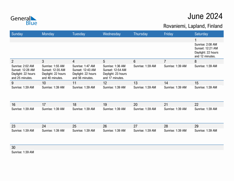 Rovaniemi June 2024 sunrise and sunset calendar in PDF, Excel, and Word