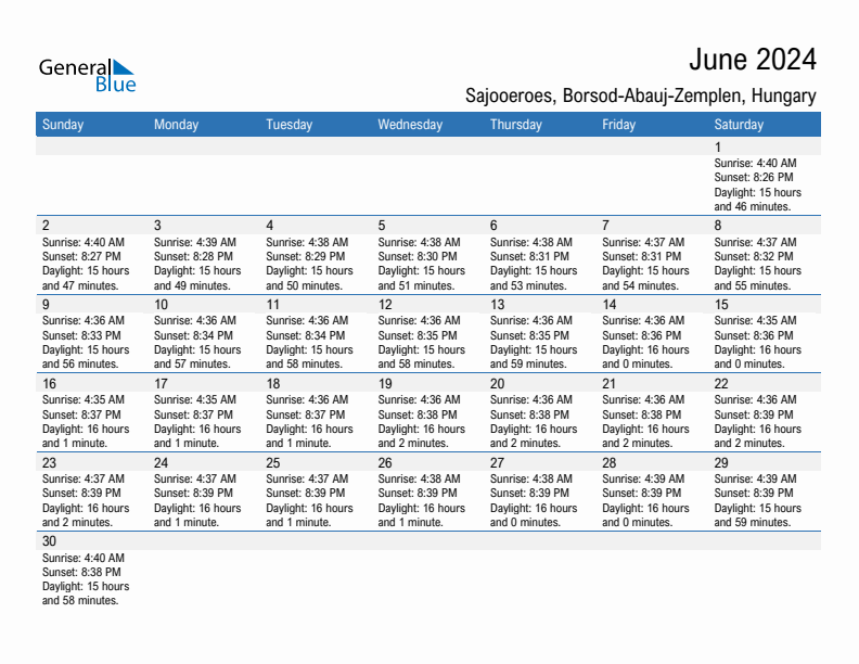 Sajooeroes June 2024 sunrise and sunset calendar in PDF, Excel, and Word