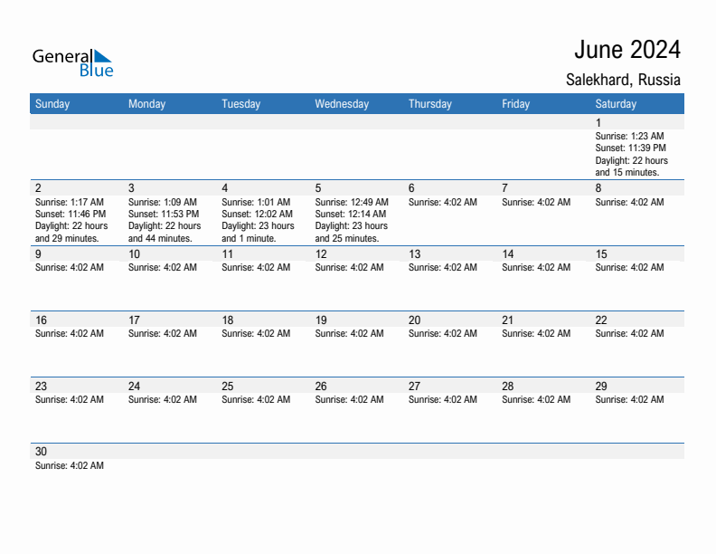 Salekhard June 2024 sunrise and sunset calendar in PDF, Excel, and Word