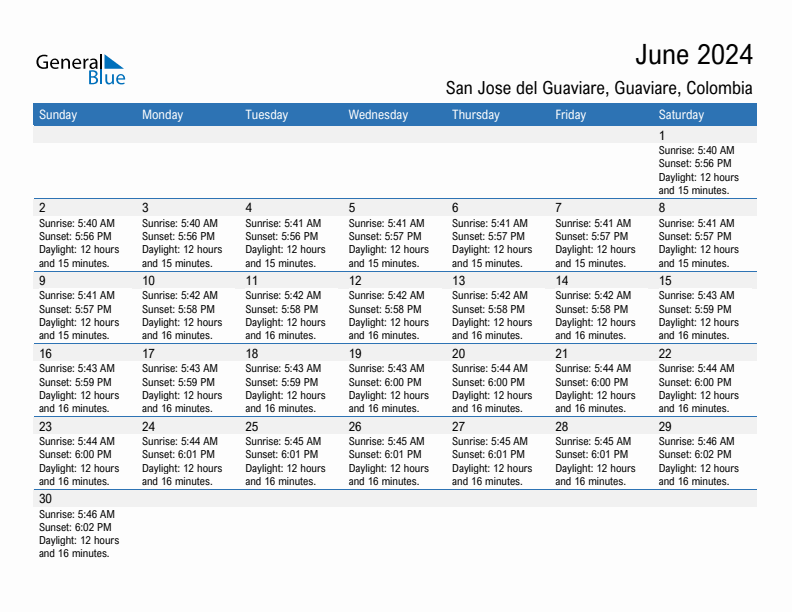 San Jose del Guaviare June 2024 sunrise and sunset calendar in PDF, Excel, and Word